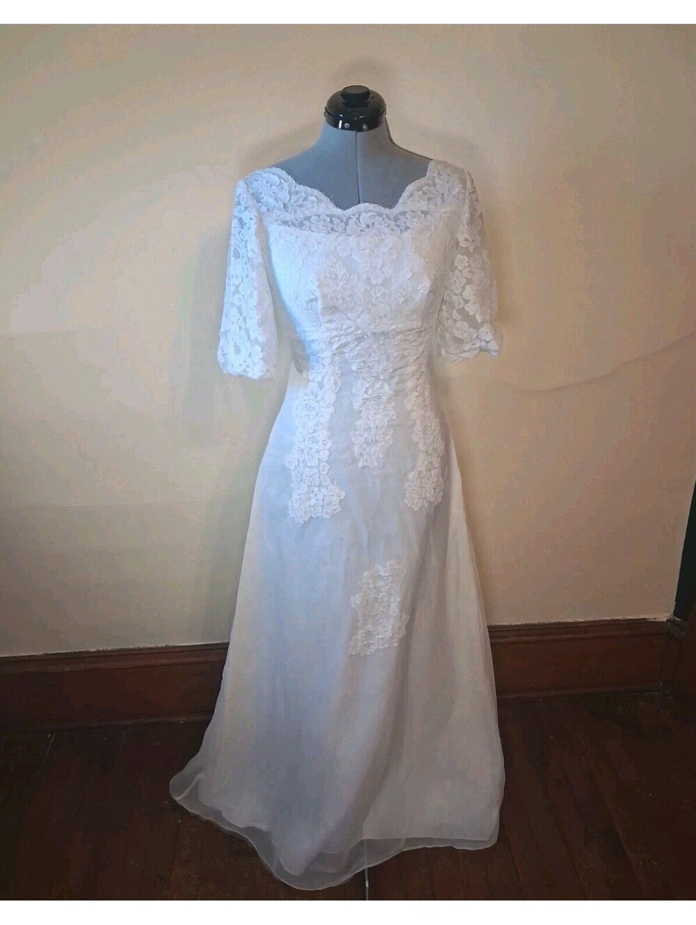 vintage wedding dress s 3/4 Sleeve Lace Beaded A Line Sz S Elegant
